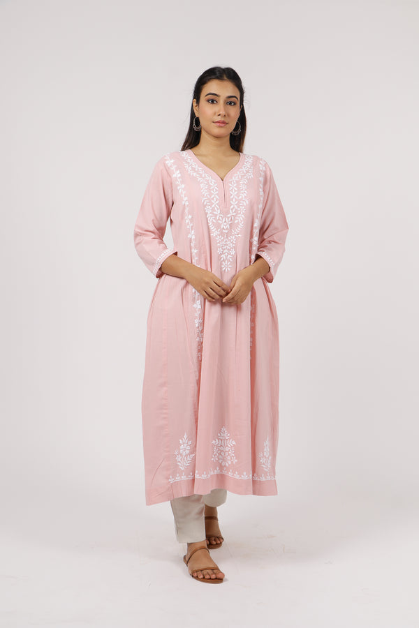 bagh india cotton chikankari a line kurta baby pink