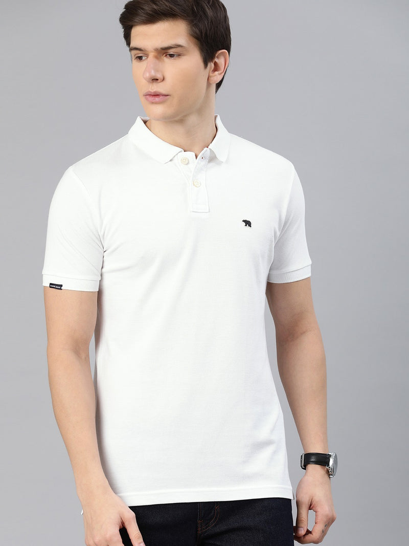 Men White Solid Polo Collar T-shirt
