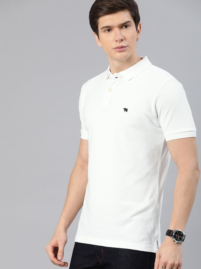 Men White Solid Polo Collar T-shirt