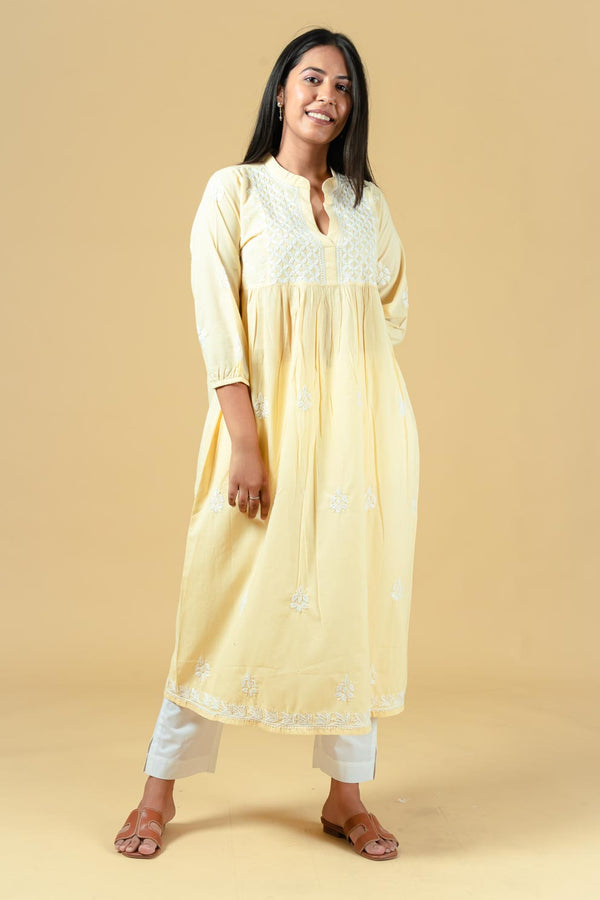 bagh india women cotton chikankari a-line kurta beige