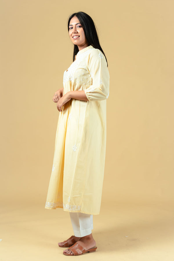 women cotton chikankari a-line kurta beige buy