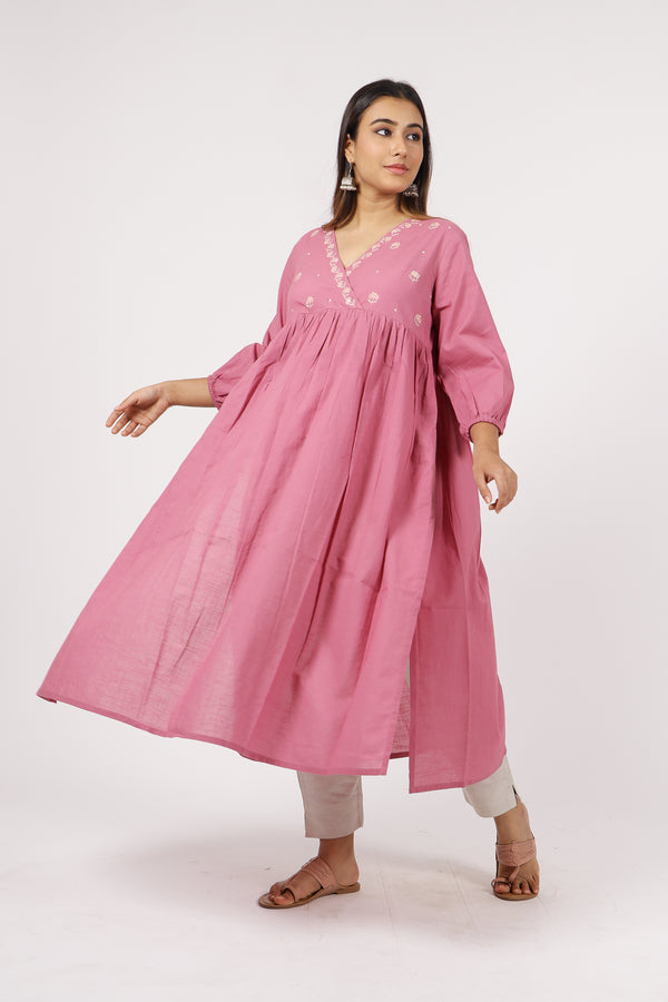 women cotton slub aari embroidered kurta v neck pink buy online