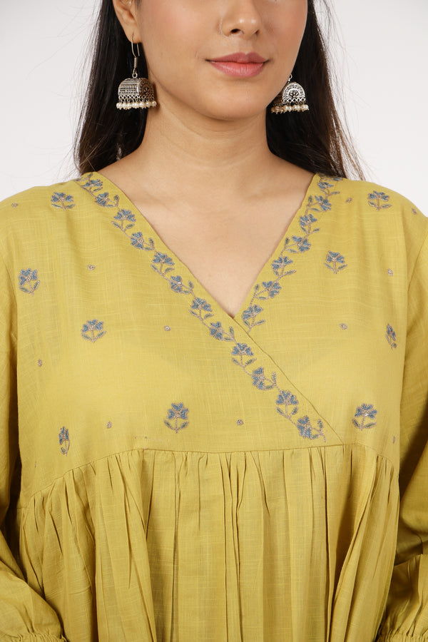 women cotton slub aari embroidered kurta v neck lemon green buy