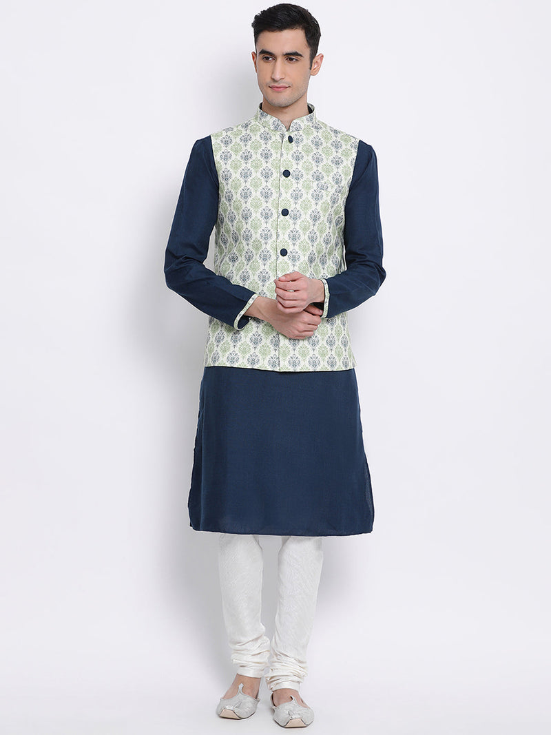 sanwara green nehru jacket and deep blue plain kurta set