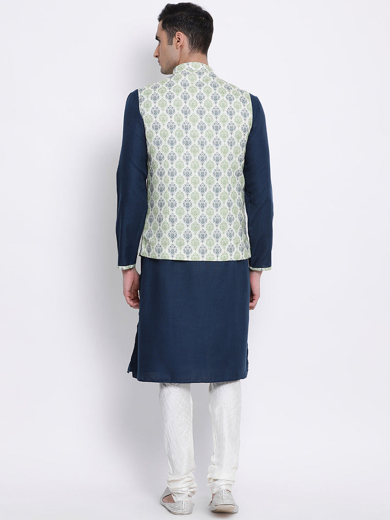 men green nehru jacket and deep blue plain kurta set buy