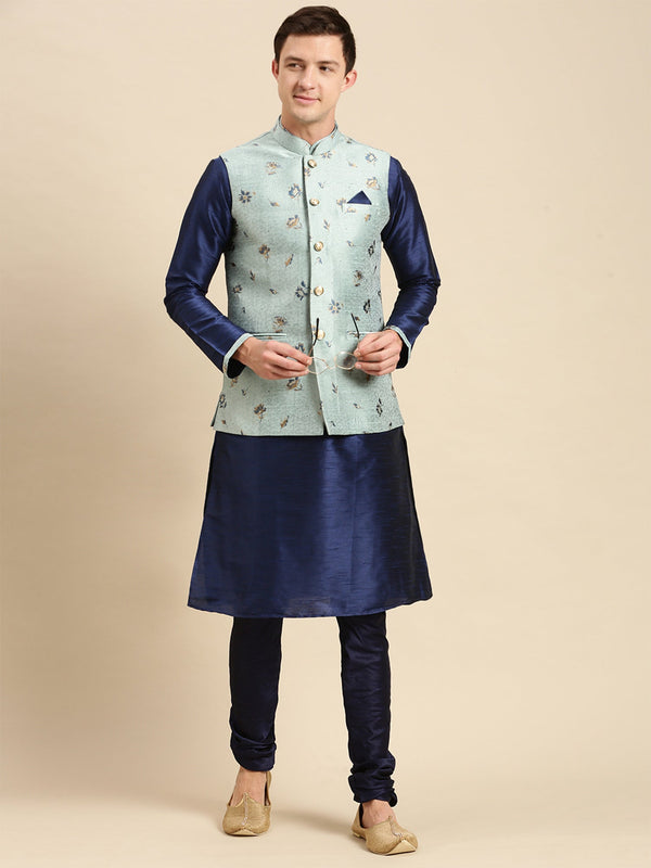 sanwara light green silk nehru jacket navy blue kurta set