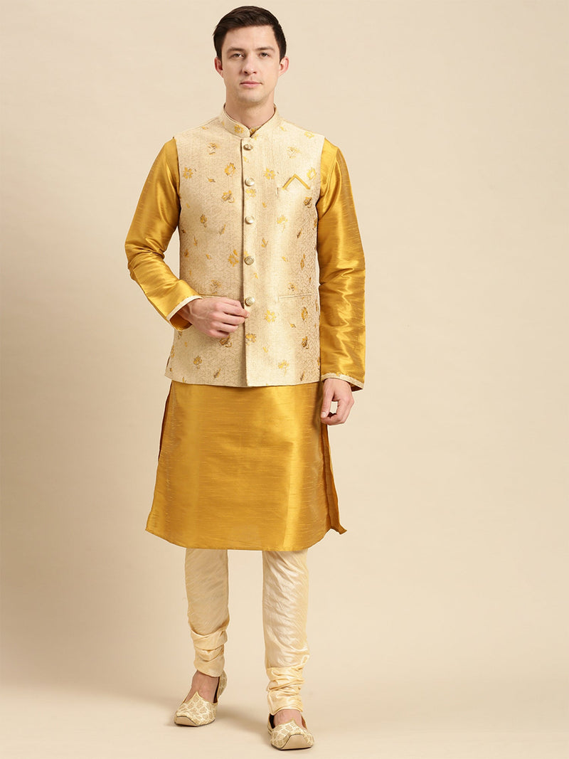 sanwara peach ethnic nehru jacket rich gold kurta set