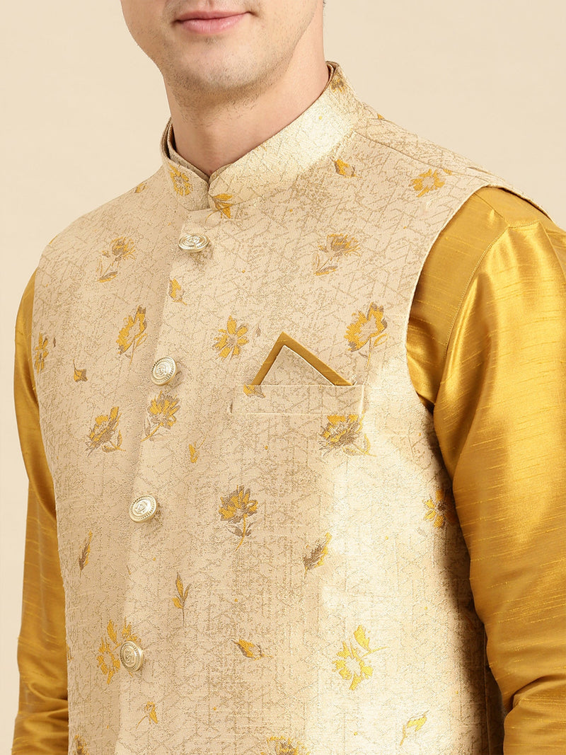 men peach ethnic nehru jacket rich gold kurta set