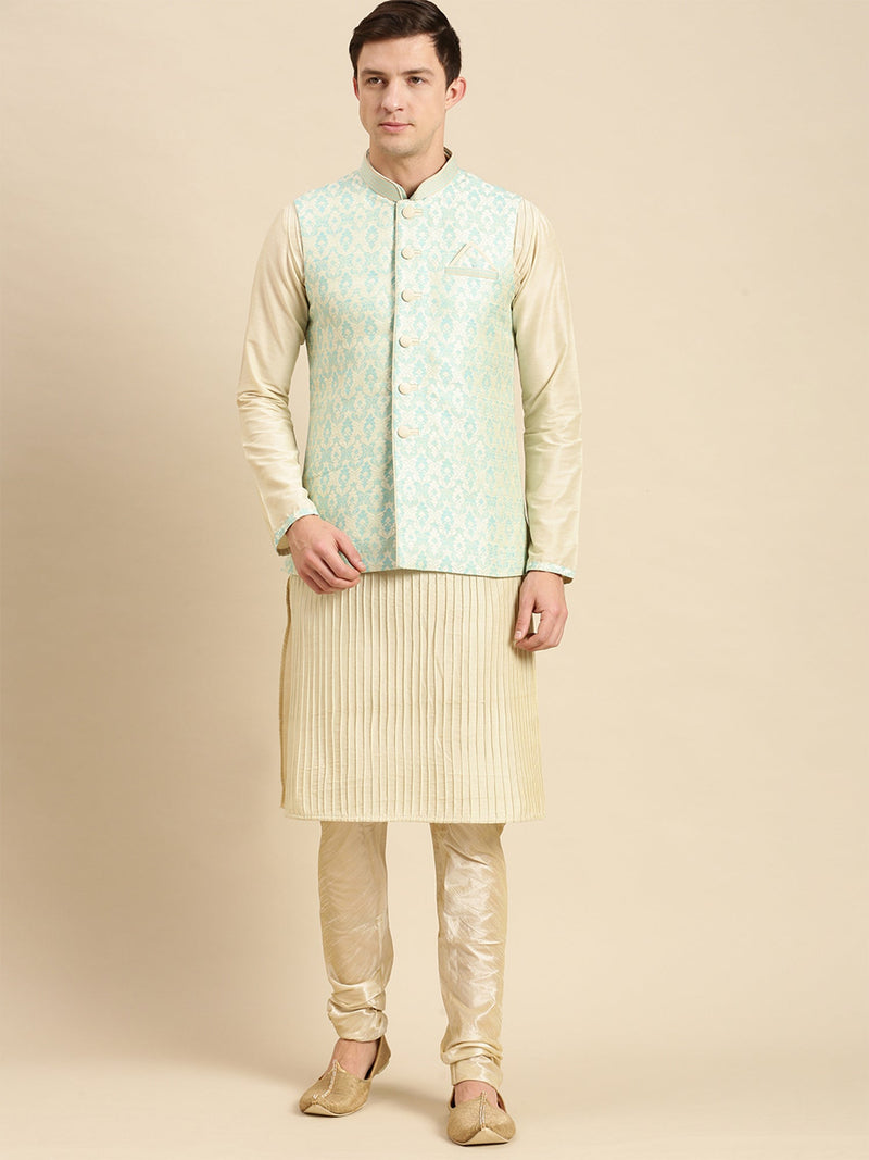 sanwara light green ethnic nehru jacket cream kurta set