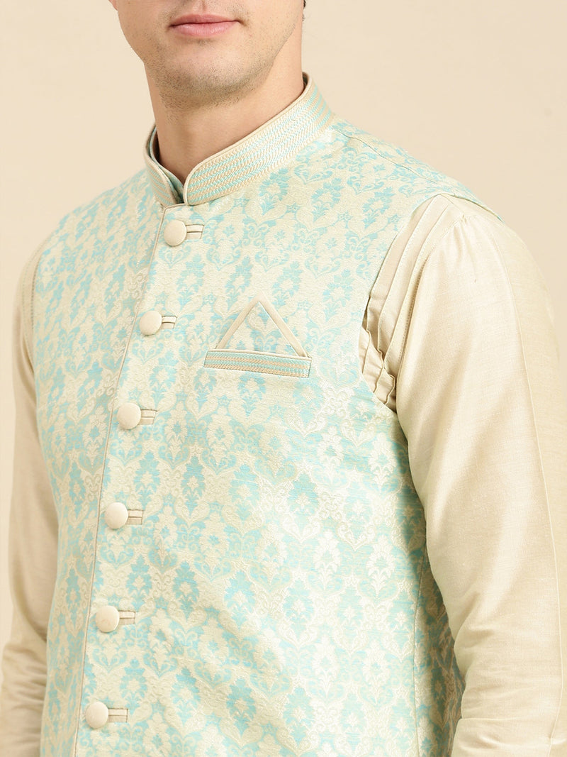 men light green ethnic nehru jacket cream kurta set