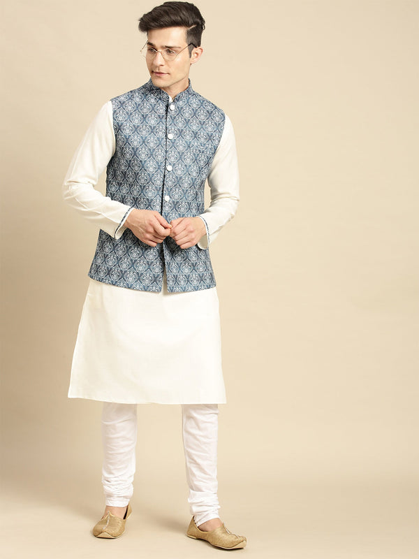 sanwara peach color ethnic nehru jacket white kurta set
