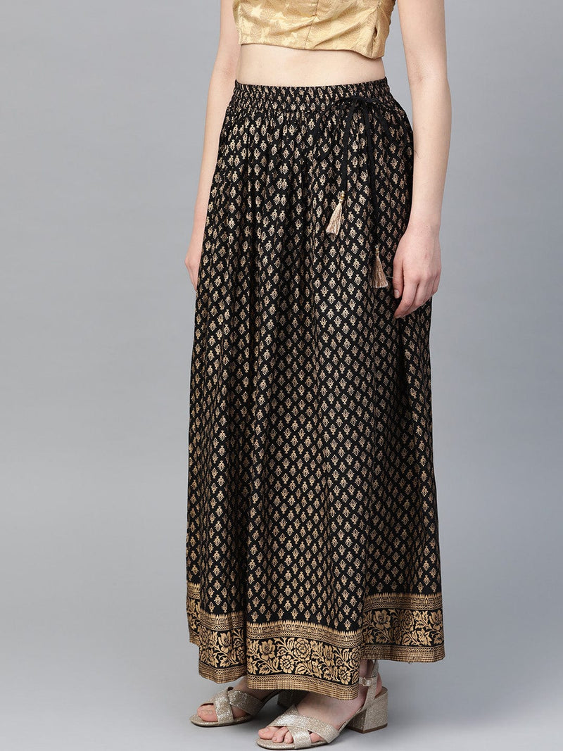 varanga black golden printed maxi flared skirt varanga
