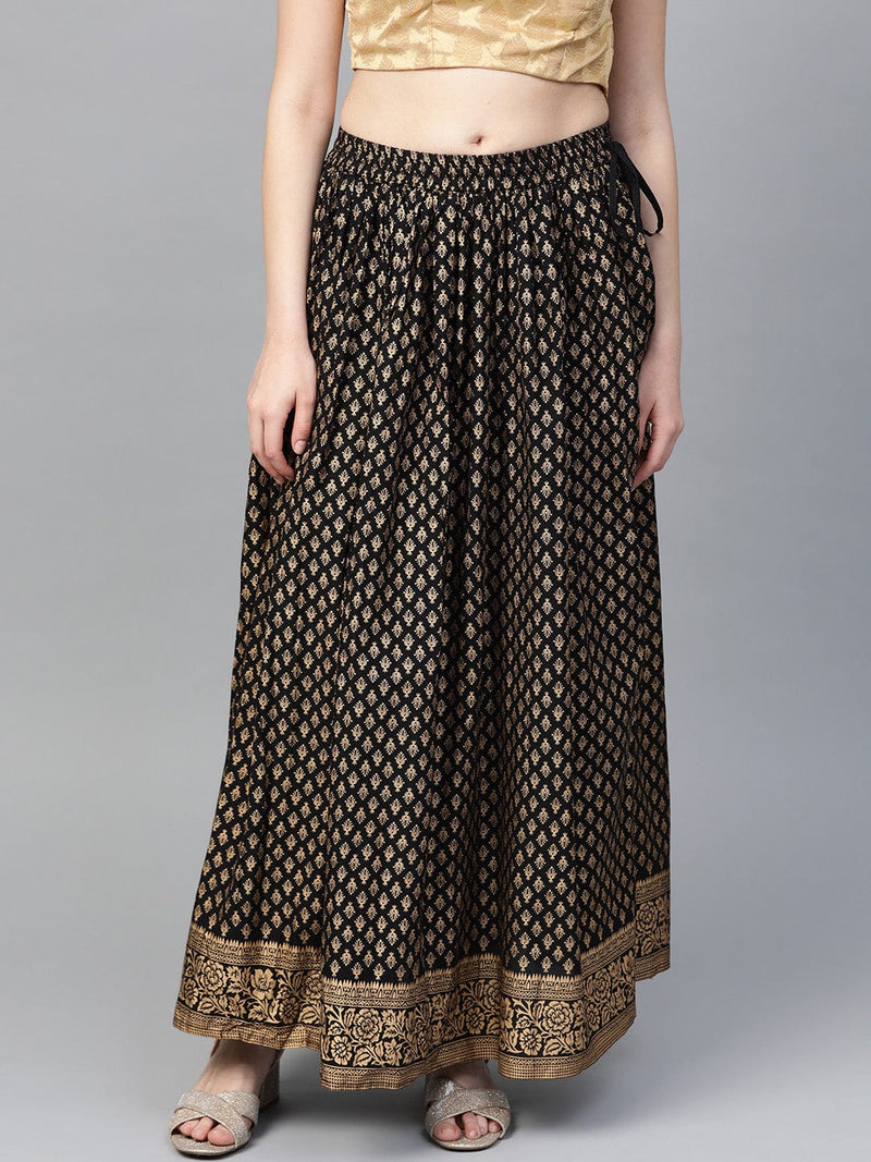 varanga black golden printed maxi flared skirt online shopping