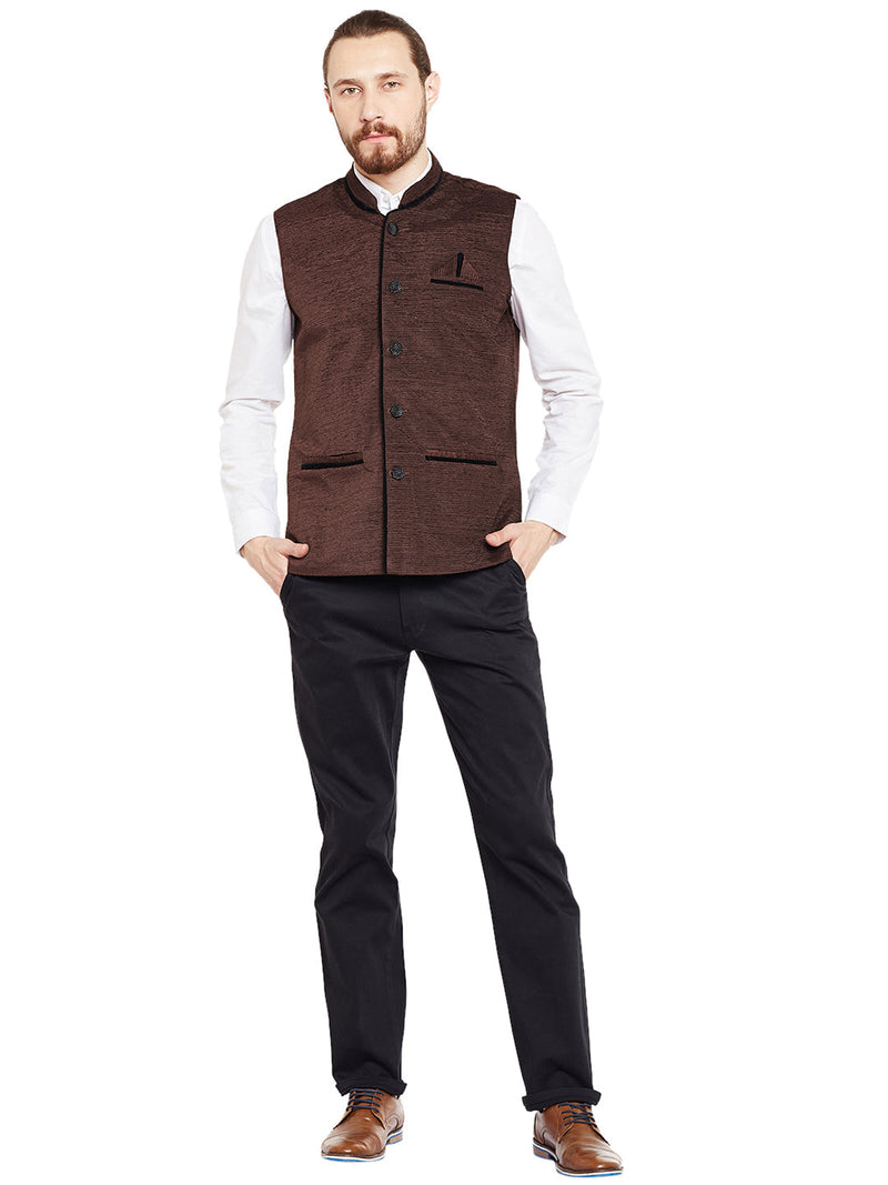 men brown solid ethnic nehru jacket camey