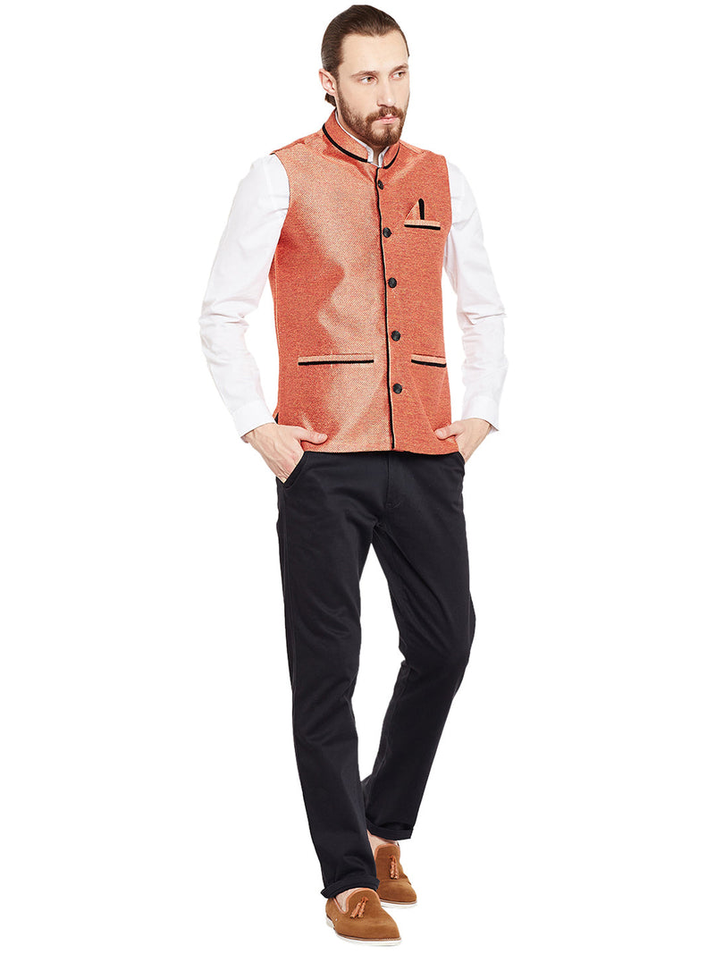 men orange solid ethnic nehru jacket camey