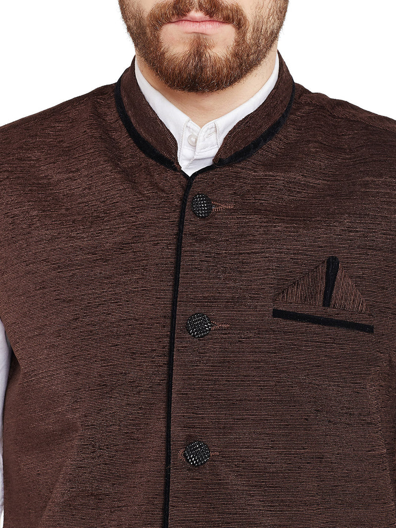 men brown solid ethnic nehru jacket buy online