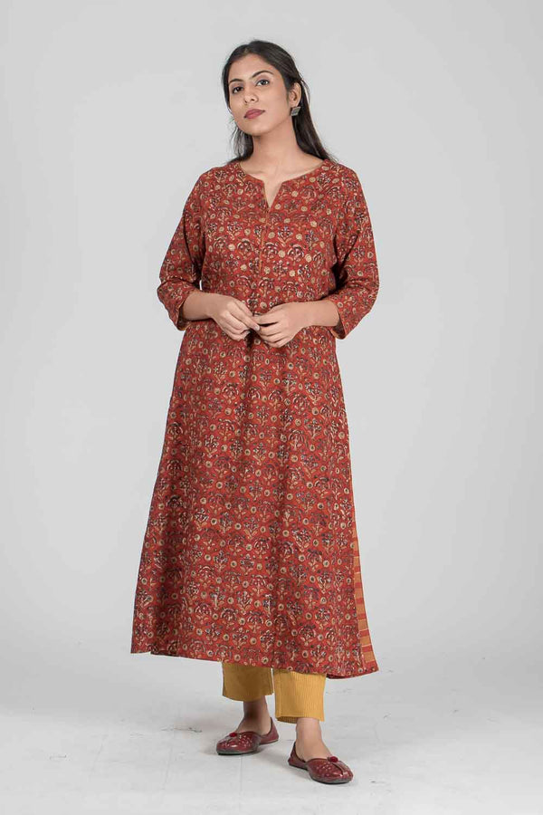 bagh india cotton hand block printed straight kurta with round neck brick red