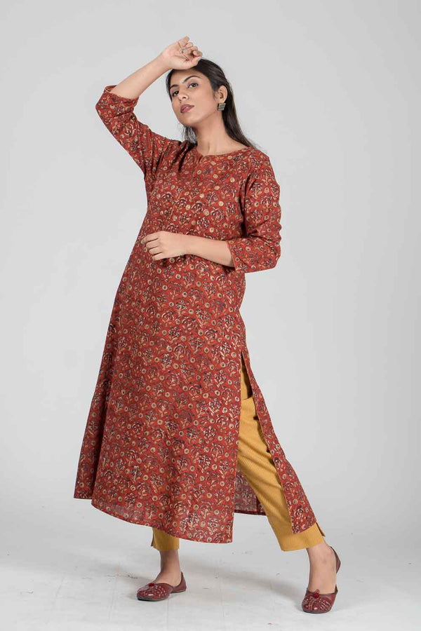 women cotton hand block printed straight kurta with round neck brick red