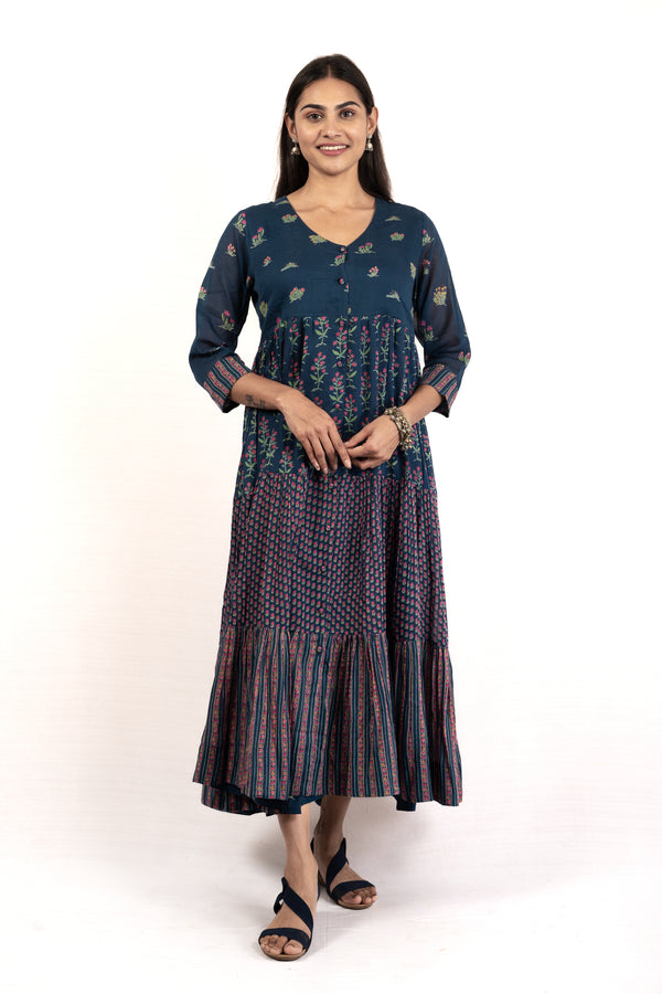 bagh india cotton floral v-neck tier dress navy blue