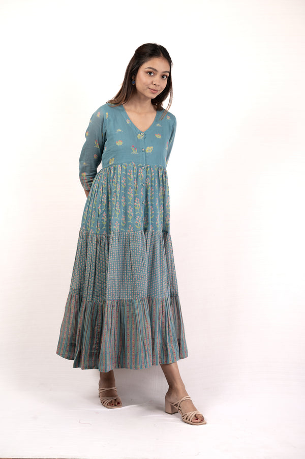 bagh india cotton floral v-neck tier dress slate blue