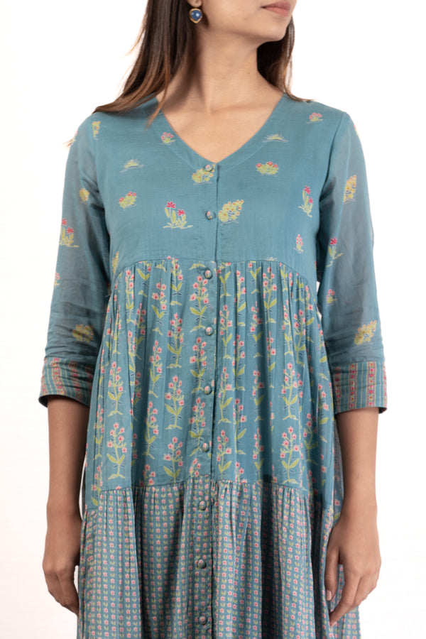 cotton floral v-neck tier dress slate blue shopping