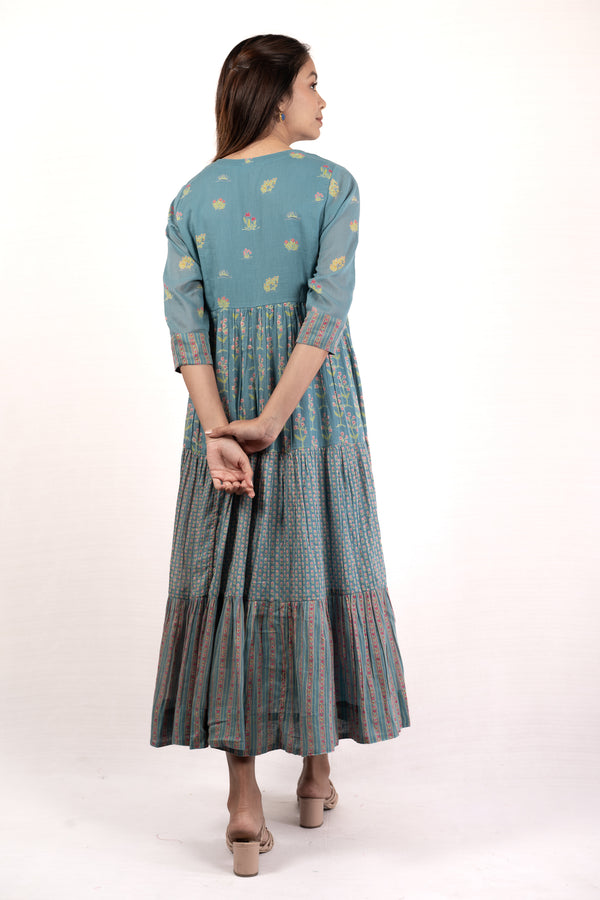 cotton floral v-neck tier dress slate blue bagh india 