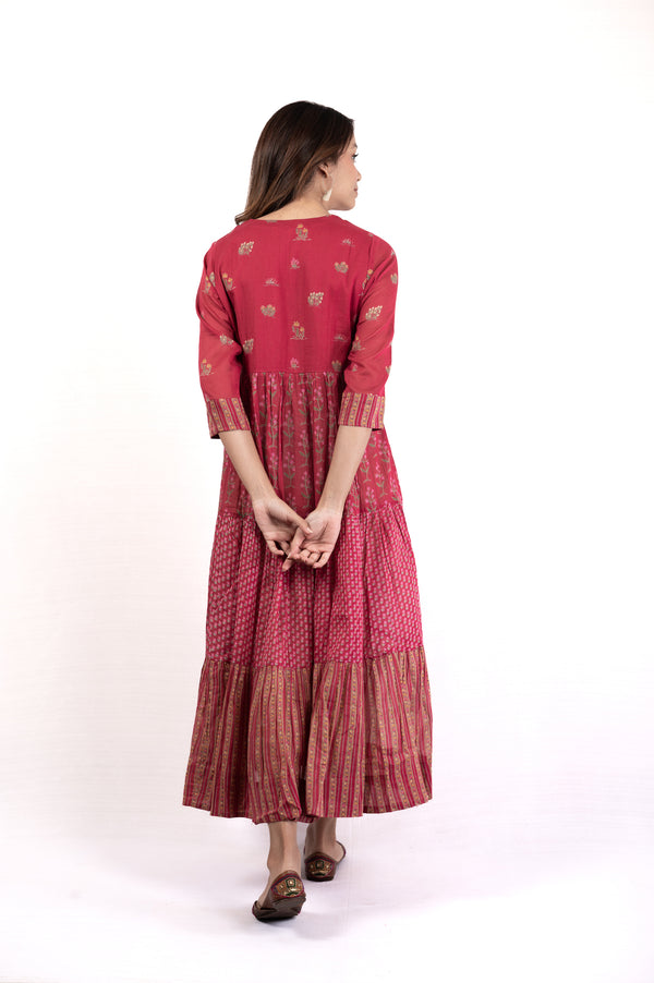 cotton floral v-neck tier dress magenta bagh india 