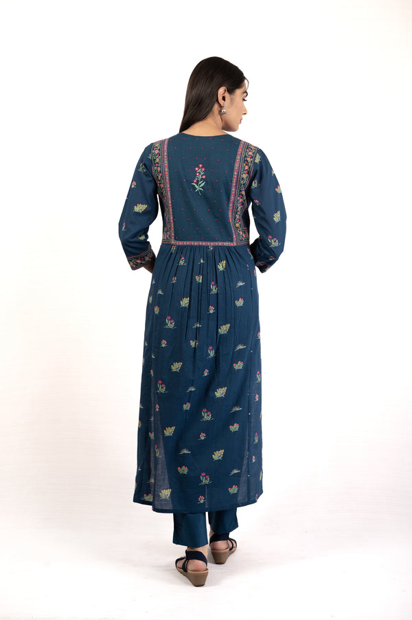 women cotton floral straight kurta yoke navy blue bagh india