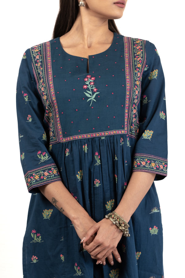women cotton floral straight kurta yoke navy blue buy india