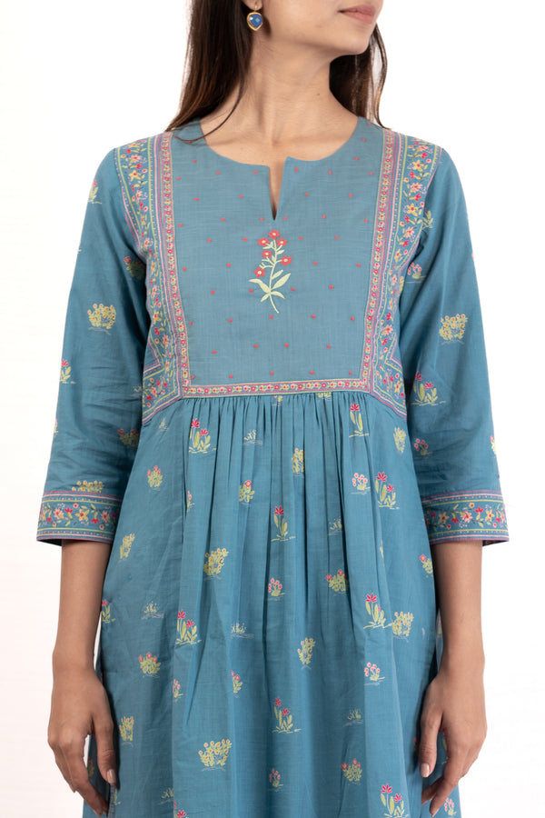women cotton floral straight kurta yoke sky blue buy india