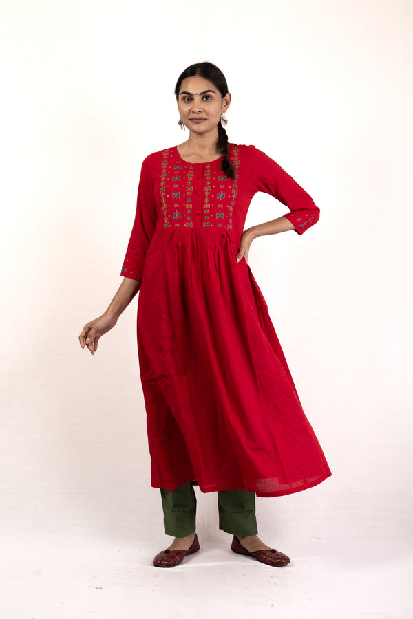 women cotton slub aari embroidered kurta tikki work red buy