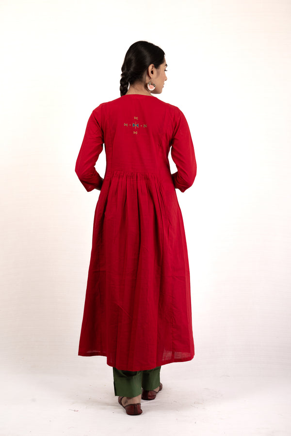 women cotton slub aari embroidered kurta tikki work red bagh india