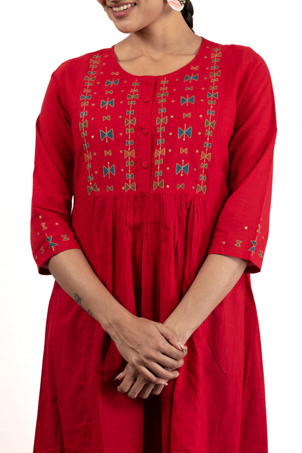 women cotton slub aari embroidered kurta tikki work red best
