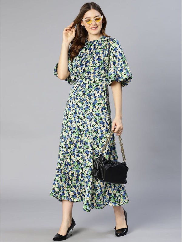 buy multicolour floral print puff sleeved pleated dress