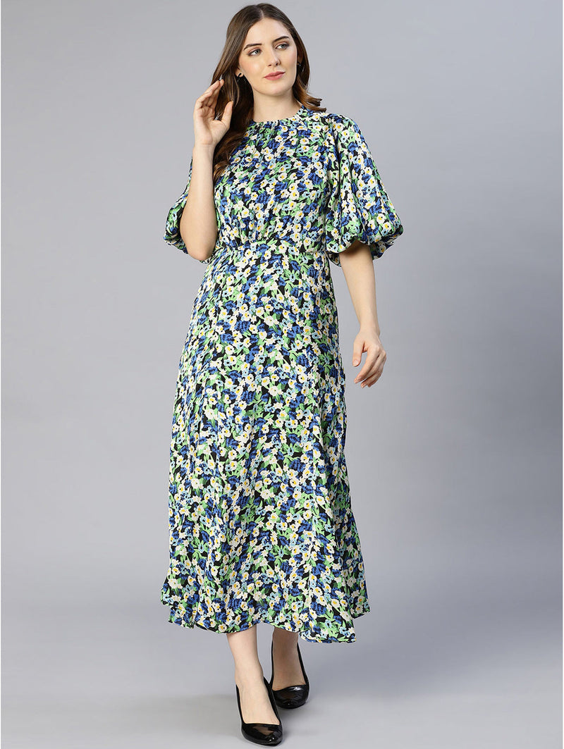 oxolloxo multicolour floral print puff sleeved pleated dress