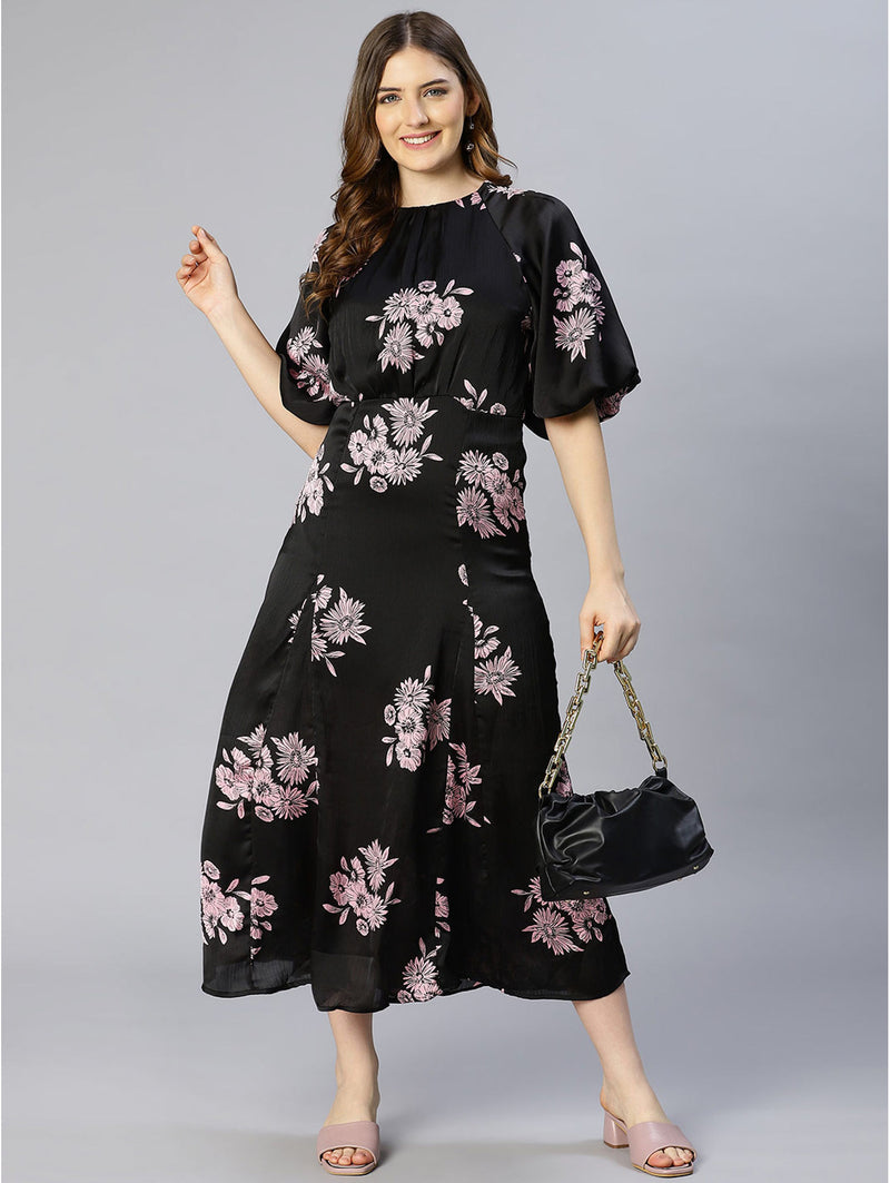 buy spring black floral printed puff sleeved pleated dress