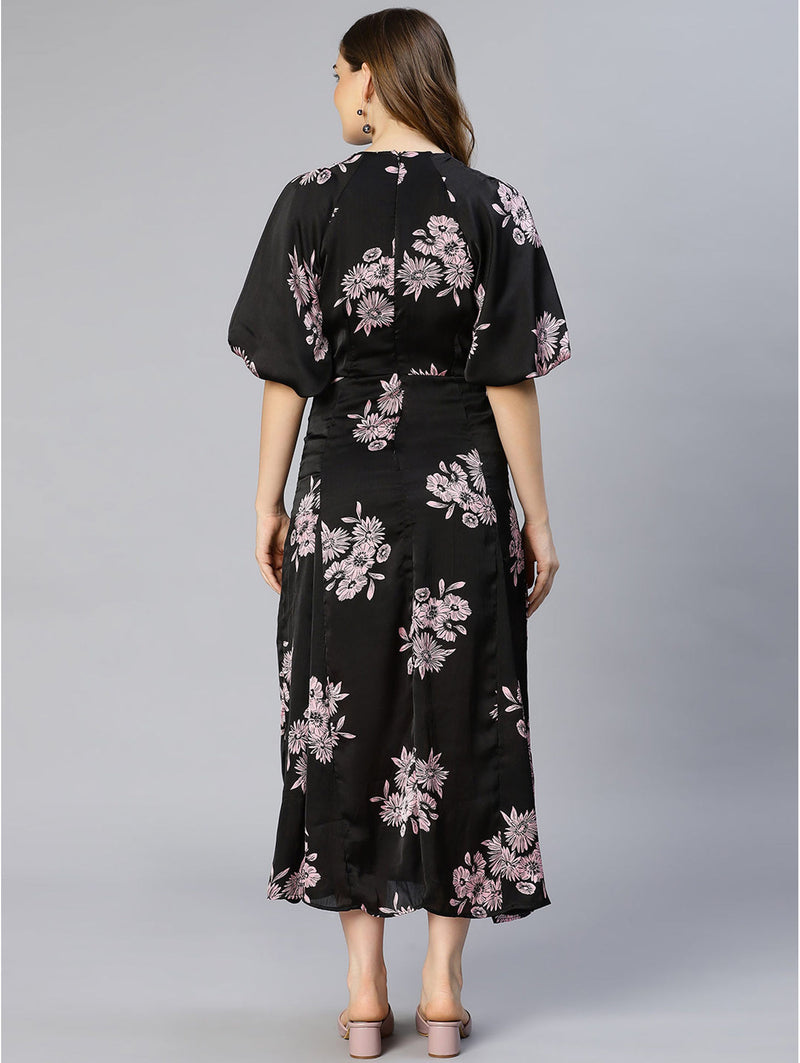 women spring black floral printed puff sleeved pleated dress