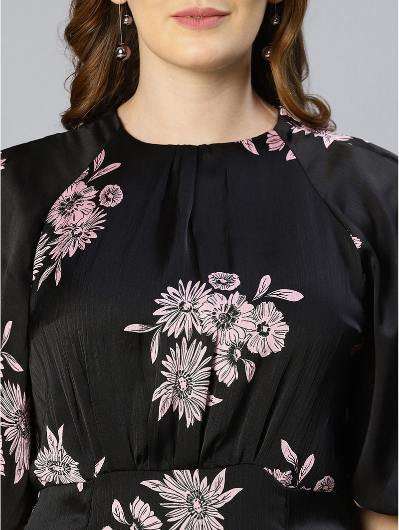 shop spring black floral printed puff sleeved pleated dress