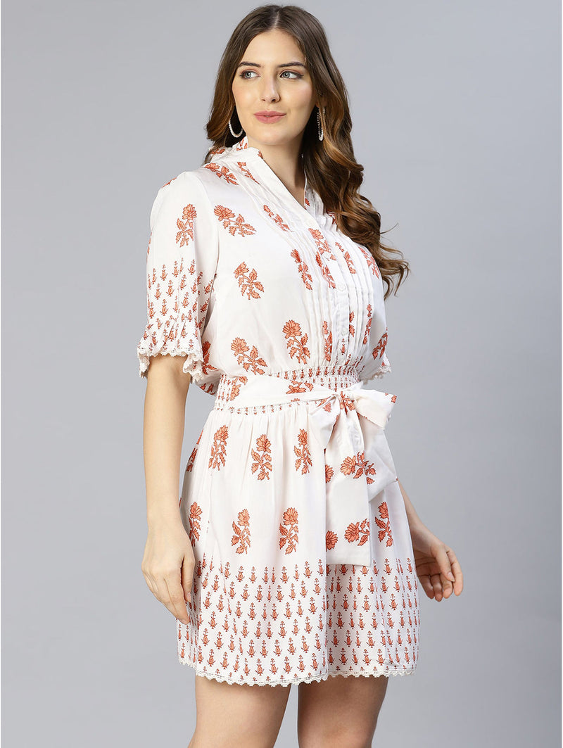 oxolloxo ultra white floral printed & pleated dress