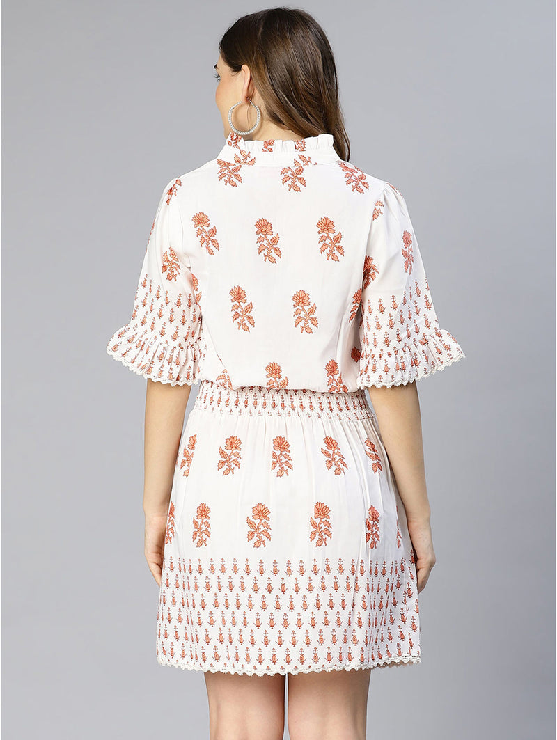women ultra white floral printed & pleated dress