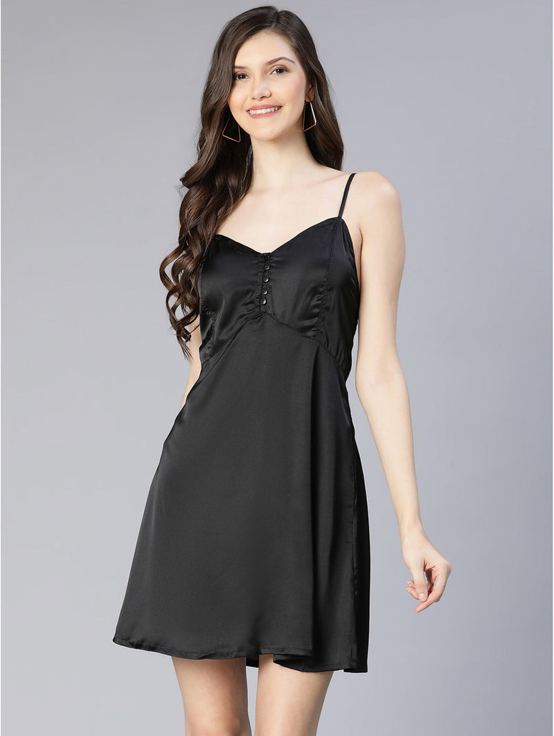 buy hotness black shoulder strap partywear satin dress