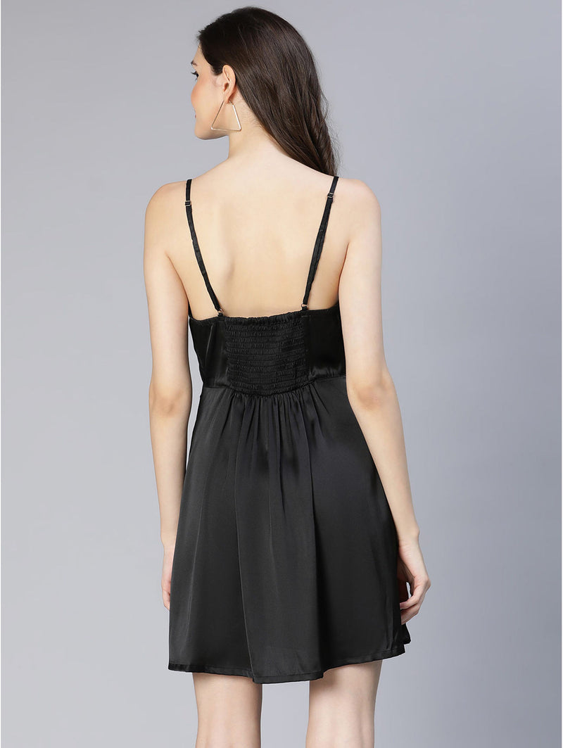 women hotness black shoulder strap partywear satin dress