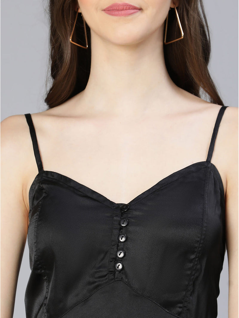shop hotness black shoulder strap partywear satin dress
