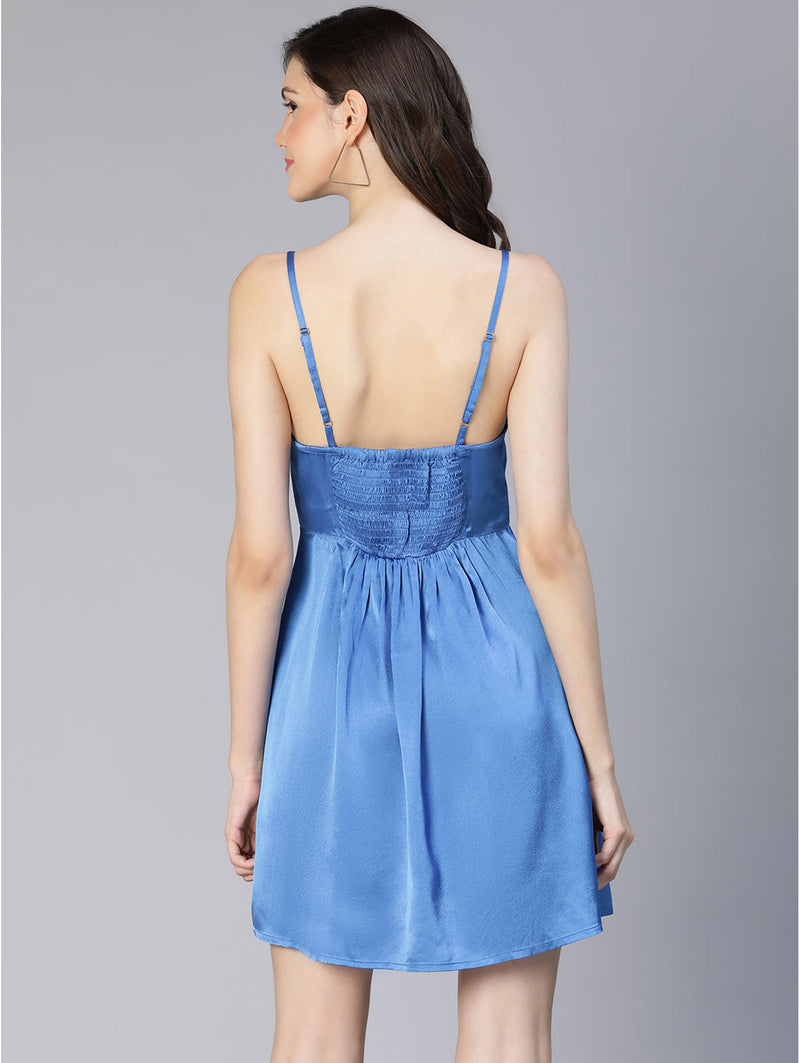 oxolloxo sensual solid blue satin shoulder strap partywear dress
