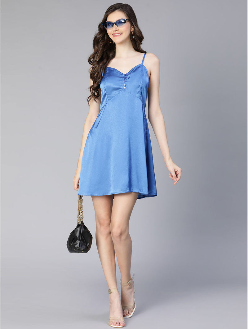 women sensual solid blue satin shoulder strap partywear dress