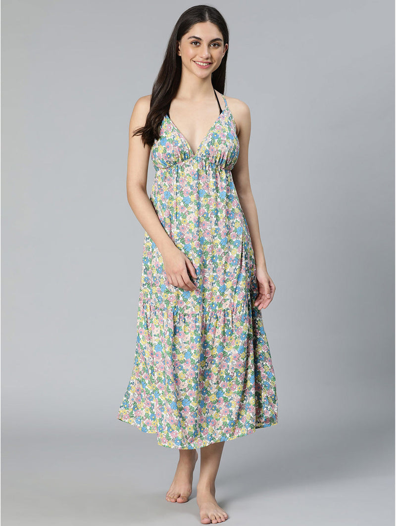 buy core colored floral print slit cut beachwear dress