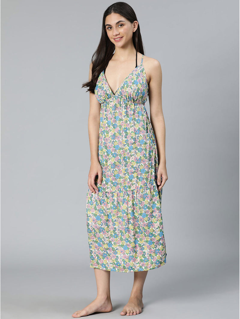 oxolloxo core colored floral print slit cut beachwear dress