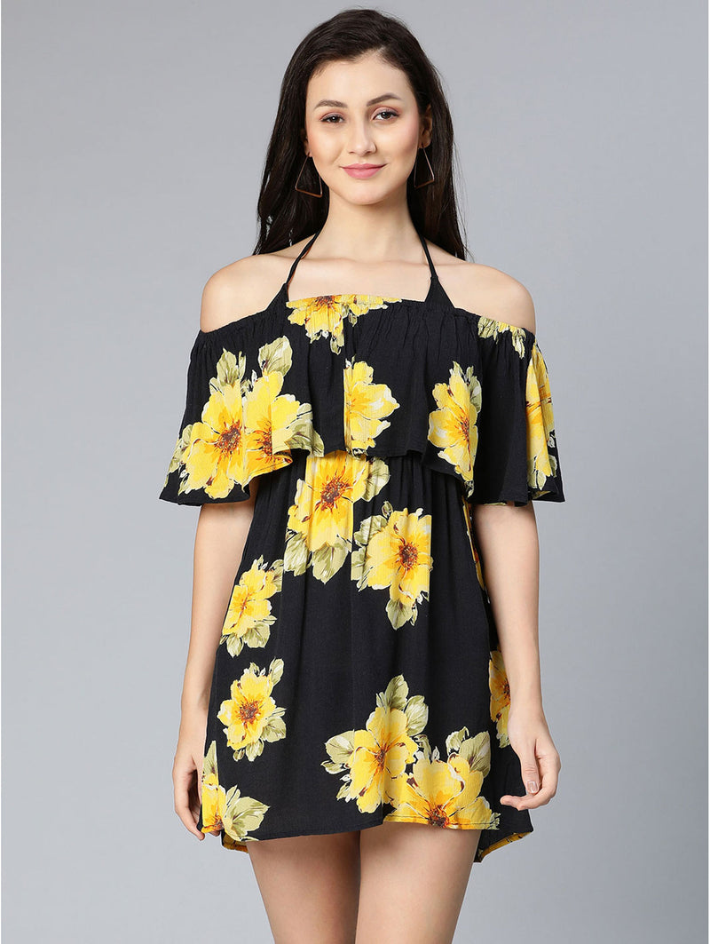 buy sun flowered black off-shoulder beachwear ruffle dress