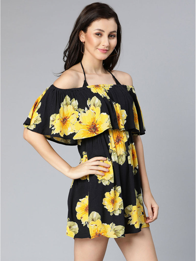oxolloxo sun flowered black off-shoulder beachwear ruffle dress