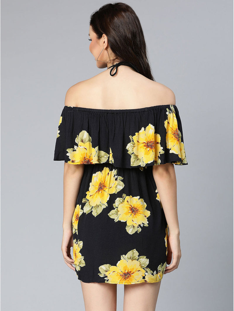 women sun flowered black off-shoulder beachwear ruffle dress